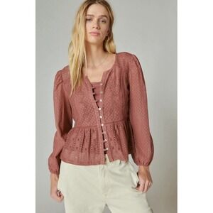 Lucky Brand Lace Date Night Peplum Top Rose Brown S Boho Cottage Prairie Granola